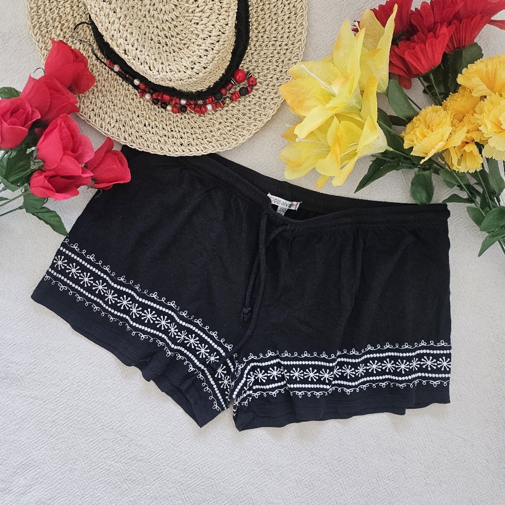 Pisalvage Black Embroidered Lounge Sleep Pajama Shorts L